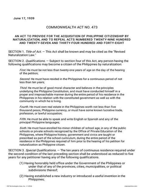 Commonwealth Act No. 473: Revised Naturalization Law .